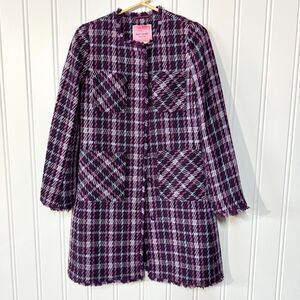 KATE SPADE Coat Women Size 2 Plaid Button Down Tweed Overcoat Plum Long Sleeve